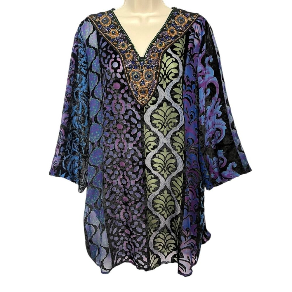 Soft Surroundings L Vistosta Tunic Top Burnout Velvet Semi-Sheer Beaded